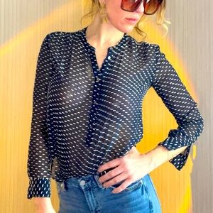 JCrew Navy Blue sheer embroidered button down shirt blouse Size 0 (women’s XS).
